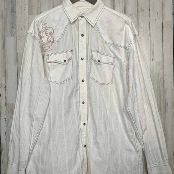 Cowboy Legend Western Shirt XXL White Brown Embroidered Long Sleeve Snap Buttons - Picture 1 of 10